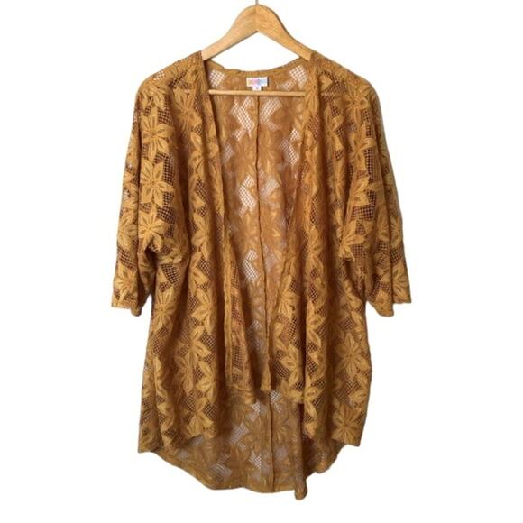 Lularoe Lace Kimono Womens Medium Boho Floral Open Mustard Coquette Flowy Hippie - Picture 1 of 10